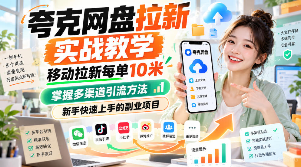 夸克网盘拉新实战教学，移动拉新每单10米，掌握多渠道引流方法，新手快速上手的副业项目-赚钱驿站