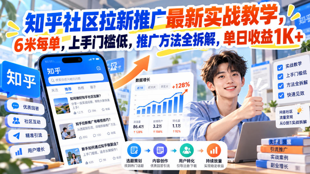 知乎社区拉新推广最新实战教学，6米每单，上手门槛低，推广方法全拆解，单日收益1K+！-赚钱驿站