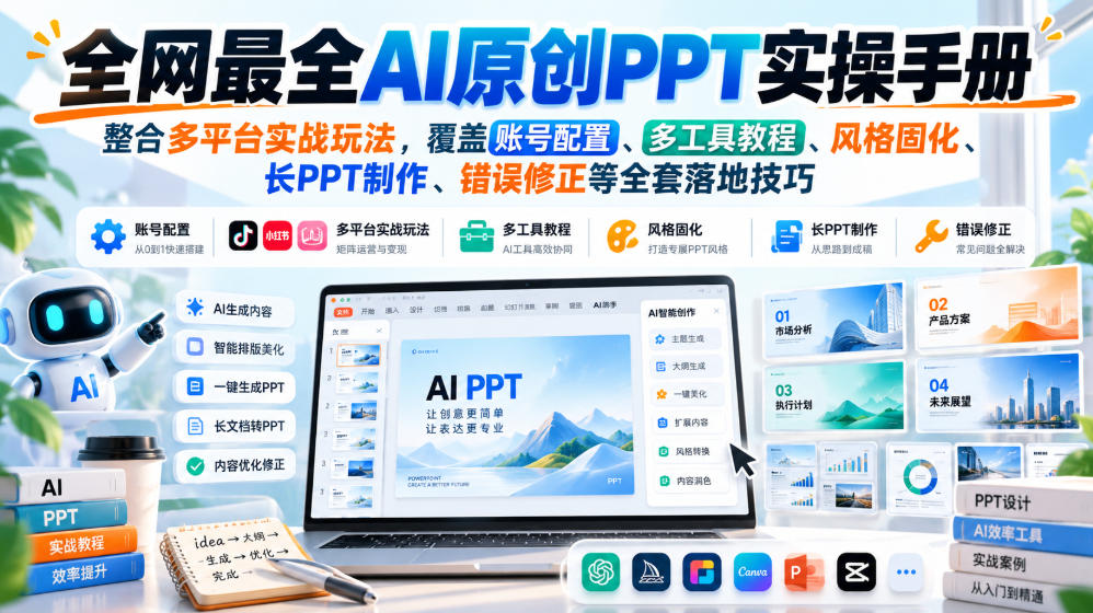 全网最全AI原创PPT实操手册，整合多平台实战玩法，覆盖账号配置、多工具教程、风格固化、长PPT制作、错误修正等全套落地技巧-赚钱驿站