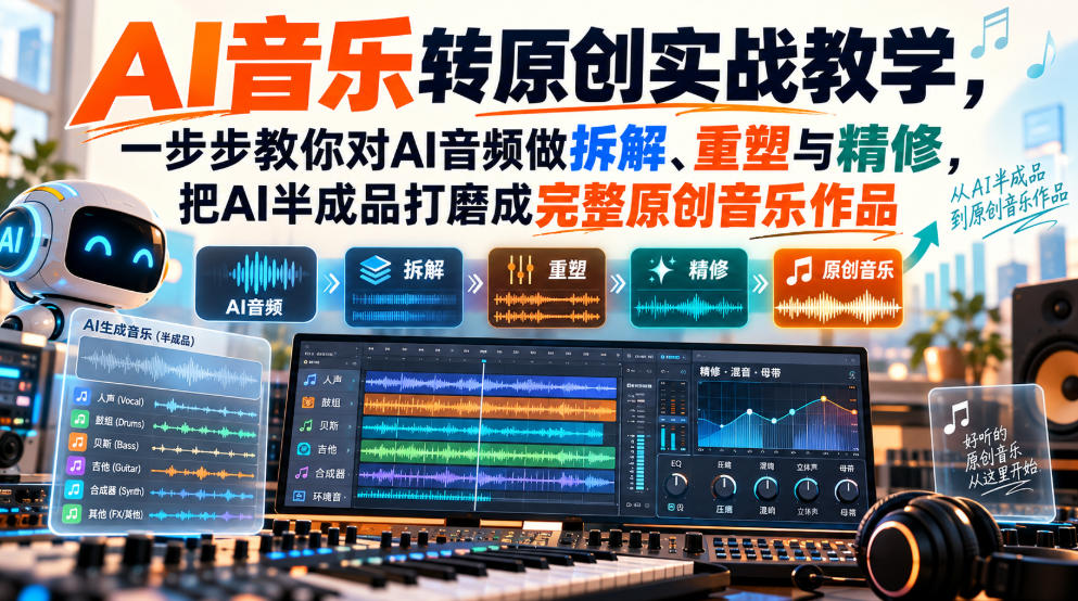 AI音乐转原创实战教学，一步步教你对AI音频做拆解、重塑与精修，把AI半成品打磨成完整原创音乐作品-赚钱驿站