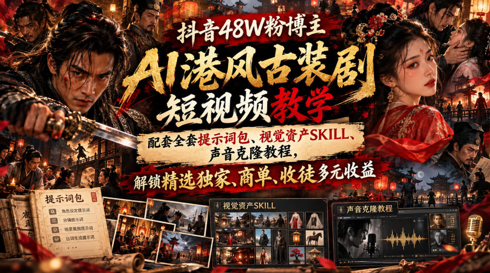 抖音48W粉博主AI港风古装剧短视频教学，配套全套提示词包、视觉资产SKILL、声音克隆教程，解锁精选独家、商单、收徒多元收益-赚钱驿站