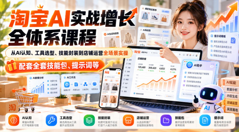 【无水印】淘宝AI实战增长全体系课程,从AI认知、工具选型、技能封装到店铺运营全场景实操,配套全套技能包、提示词等