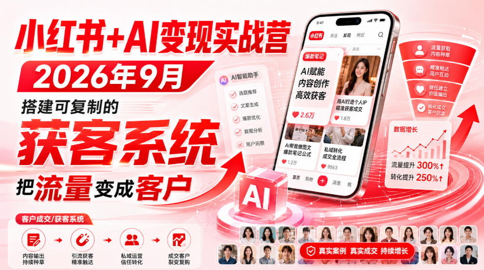 小红书+AI变现实战营2026年9月，搭建可复制的获客系统，把流量变成客户！-赚钱驿站