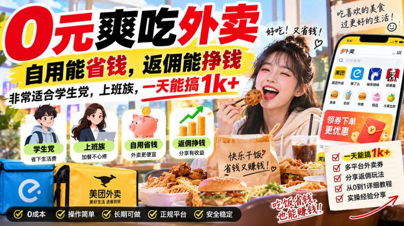 0元爽吃外卖，自用能省钱，返佣能挣钱，非常适合学生党，上班族，一天能搞1k+-赚钱驿站