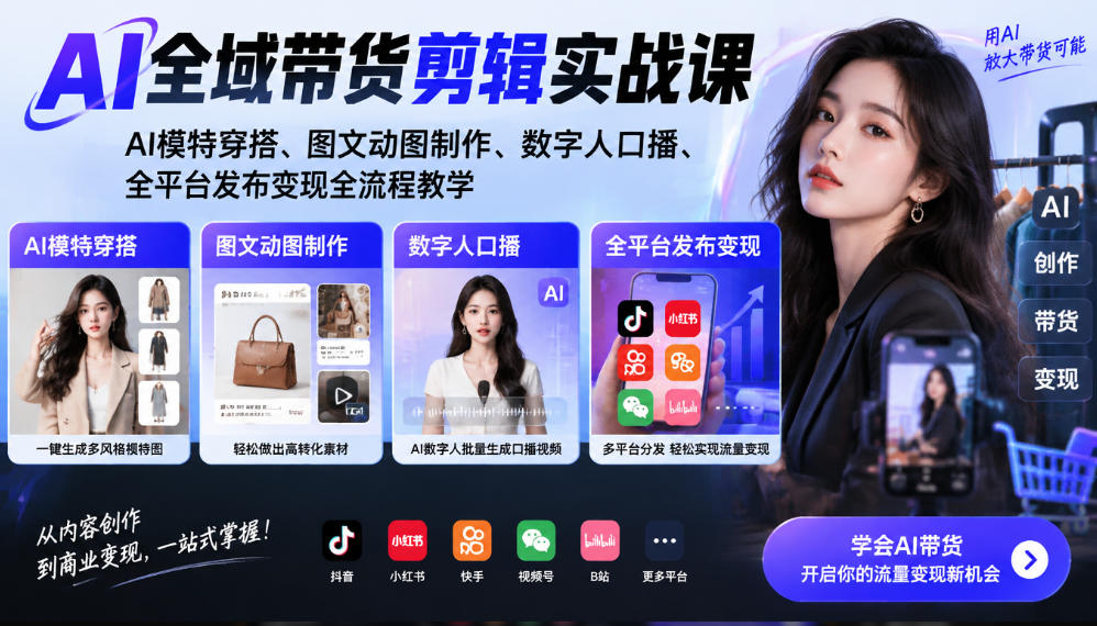 AI全域带货剪辑实战课｜AI模特穿搭、图文动图制作、数字人口播、全平台发布变现全流程教学-赚钱驿站