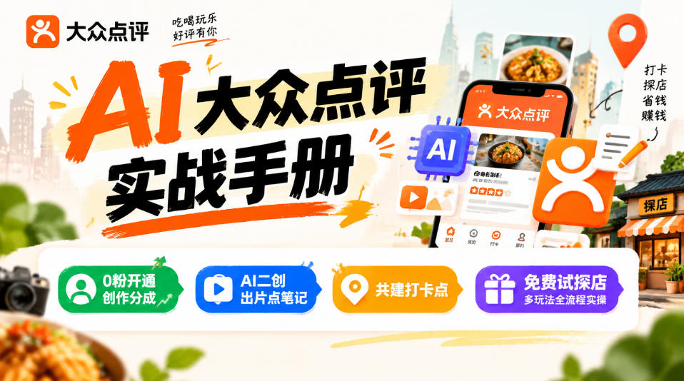 某局的AI大众点评实战手册，0粉开通创作分成、AI二创出片点笔记、共建打卡点、免费试探店多玩法全流程实操-赚钱驿站