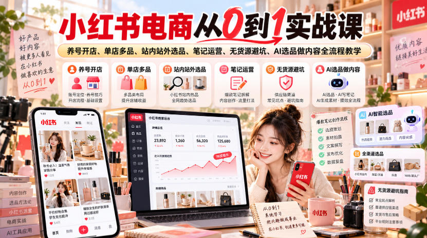 小红书电商从0到1实战课｜养号开店、单店多品、站内站外选品、笔记运营、无货源避坑、AI选品做内容全流程教学-赚钱驿站