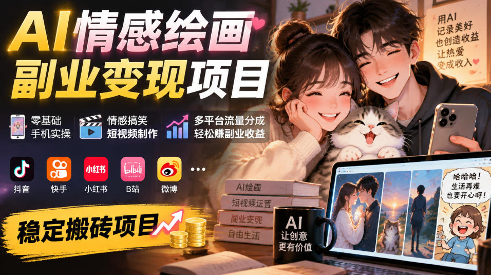 AI情感绘画副业变现项目｜零基础手机实操，情感搞笑短视频制作，多平台流量分成轻松賺副业收益-赚钱驿站