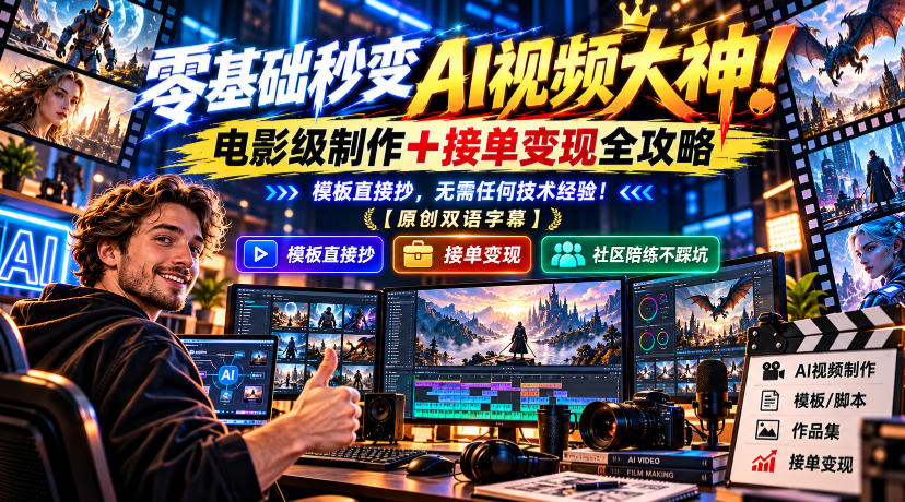零基础秒变AI视频大神！电影级制作+接单变现全攻略，模板直接抄，无需任何技术经验！【原创双语字幕】-赚钱驿站