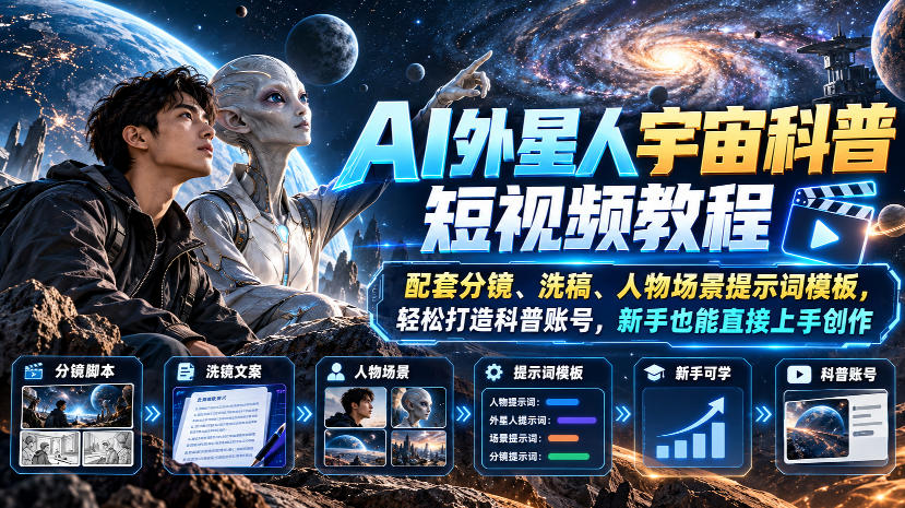 AI外星人宇宙科普短视频教程，配套分镜、洗稿、人物场景提示词模板，轻松打造科普账号，新手也能直接上手创作-赚钱驿站