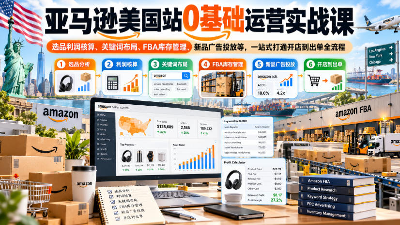 亚马逊美国站0基础运营实战课｜选品利润核算、关键词布局、FBA库存管理、新品广告投放等，一站式打通开店到出单全流程-赚钱驿站
