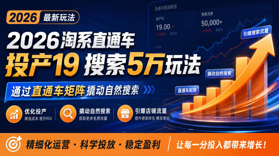 2026淘系直通车投产19搜索5万玩法，通过直通车矩阵撬动自然搜索，帮助商家优化投产，引爆店铺搜索流量-赚钱驿站