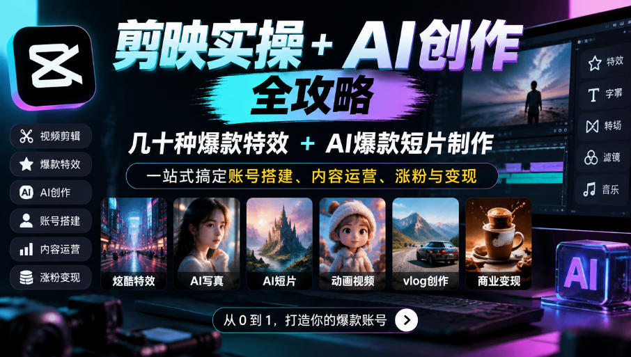 剪映实操+AI创作全攻略｜几十种爆款特效+AI爆款短片制作，一站式搞定账号搭建、内容运营、涨粉与变现-赚钱驿站
