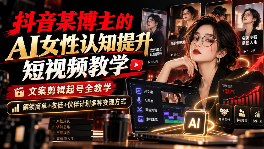 抖音某博主的Ai女性认知提升短视频教学，文案剪辑起号全教学，解锁商单+收徒+伙伴计划多种变现方式-赚钱驿站