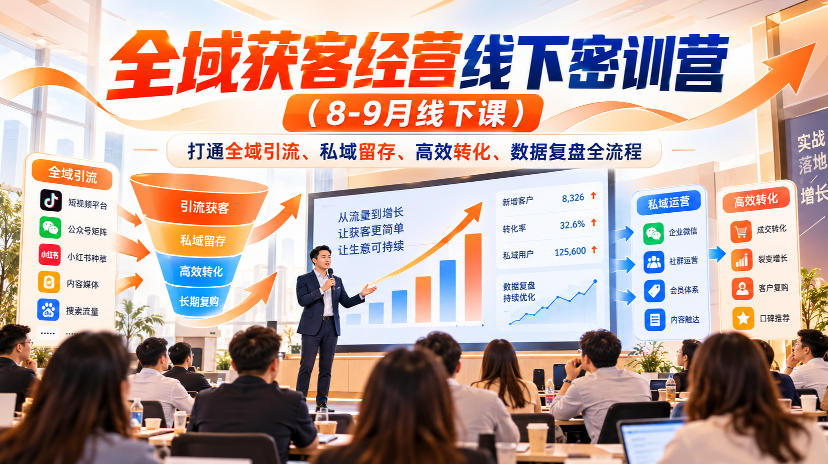 全域获客经营线下密训营（8-9月线下课），打通全域引流、私域留存、高效转化、数据复盘全流程-赚钱驿站