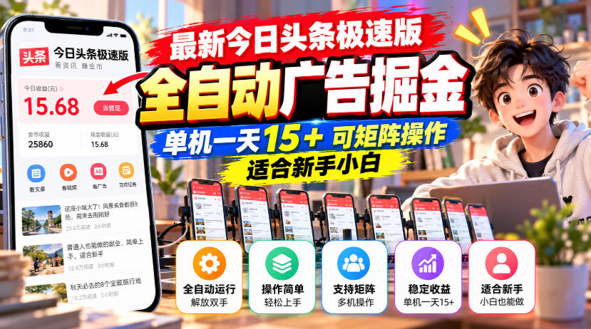 最新今日头条极速版全自动广告掘金，单机一天15+可矩阵操作适合新手小白-赚钱驿站