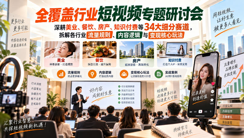 短视频专题研讨会，深耕美业、餐饮、房产、知识付费等34大细分赛道，拆解各行业流量规则、内容逻辑与变现核心玩法（更新1011）-赚钱驿站