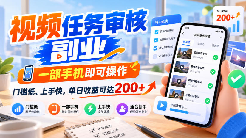 视频任务审核副业，一部手机即可操作，门槛低、上手快，单日收益可达200+【揭秘】-赚钱驿站