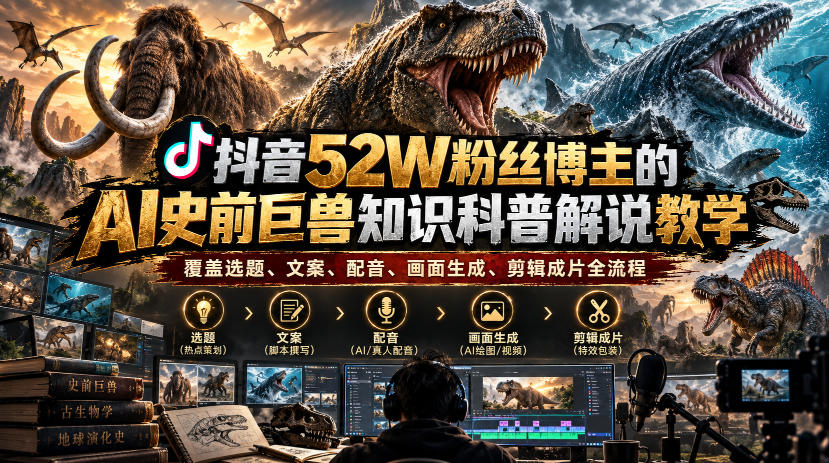 抖音52W粉丝博主的AI史前巨兽知识科普解说教学，覆盖选题、文案、配音、画面生成、剪辑成片全流程-赚钱驿站