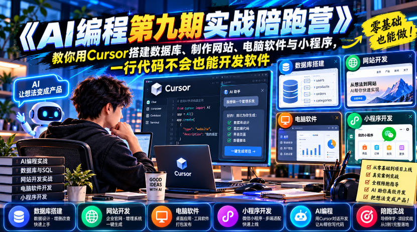 【无水印】《AI编程第九期实战陪跑营》教你用Cursor搭建数据库、制作网站、电脑软件与小程序，一行代码不会也能开发软件-赚钱驿站