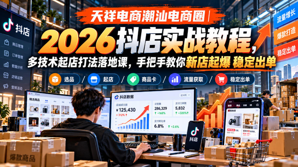 天祥电商潮汕电商圈｜2026抖店实战教程，多技术起店打法落地课，手把手教你新店起爆稳定出单-赚钱驿站