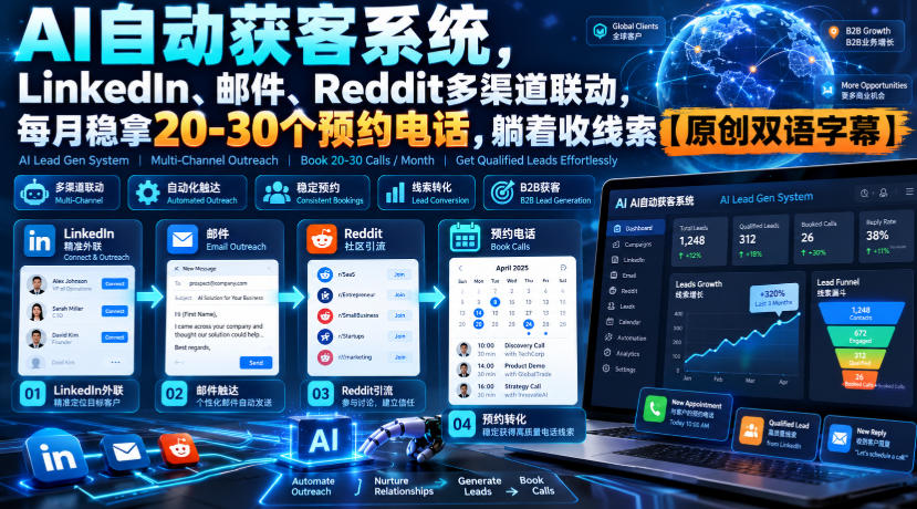 【无水印】AI自动获客系统，LinkedIn、邮件、Reddit多渠道联动，每月稳拿20-30个预约电话，躺着收线索【原创双语字幕】-赚钱驿站