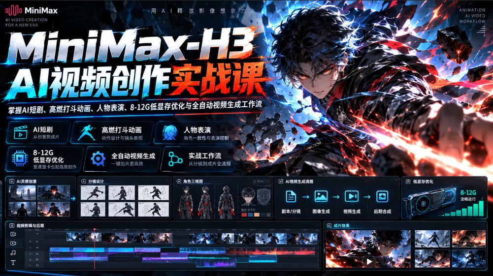 MiniMax-H3 AI视频创作实战课，掌握AI短剧、高燃打斗动画、人物表演、8-12G低显存优化与全自动视频生成工作流-赚钱驿站