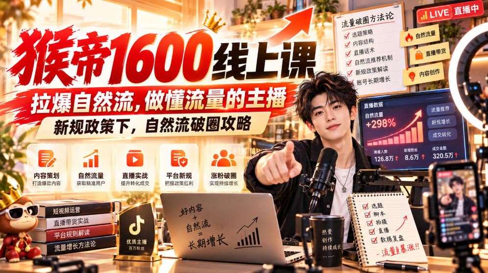 猴帝1600线上课，拉爆自然流，做懂流量的主播，新规政策下，自然流破圈攻略【更新261002】-赚钱驿站