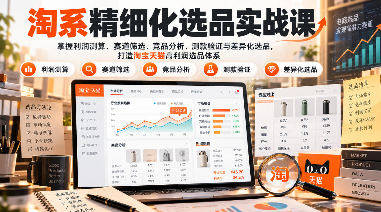 货架电商精细化选品实战课：掌握利润测算、赛道筛选、竞品分析、测款验证与差异化选品，打造淘宝天猫高利润选品体系-赚钱驿站