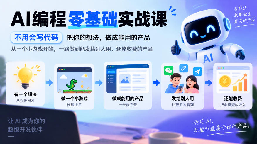 AI编程零基础实战课，不用会写代码，把你的想法，做成能用的产品，从一个小游戏开始，一路做到能发给别人用、还能收费的产品-赚钱驿站