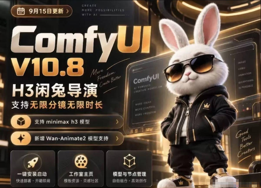 ComfyUI V10.8中文整合包，H3闲兔导演，支持无限分镜无限时长，1000+工作流，动作迁移，角色替换，视频一致性，口型同步，低显存可用-赚钱驿站