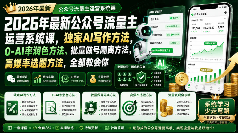 2026年最新公众号流量主运营系统课，独家AI写作方法，0-AI率润色方法、批量做号隔离方法、高爆率选题方法，全都教会你（更新1009）-赚钱驿站