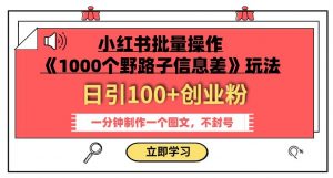 小红书批量操作《1000个野路子信息差》玩法,一分钟制作一个图文,不封号,日引100+创业粉-赚钱驿站