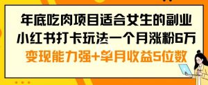 年底吃肉项目适合女生的副业小红书打卡玩法一个月涨粉6万+变现能力强+单月收益5位数【揭秘】-赚钱驿站
