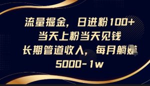 流量掘金,日进粉100+,当天上粉当天见钱,长期管道收入,每月躺挣5k-赚钱驿站