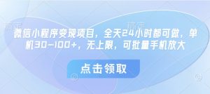 微信小程序变现项目，全天24小时都可做，单机30-100+，无上限，可批量手机放大-赚钱驿站