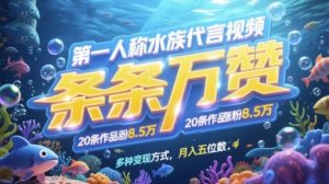 第一人称水族代言视频，条条万赞，20条作品涨粉7.8W，多种变现方式月入五位数-赚钱驿站