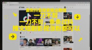 最新抖音搜索搬运教程,一刀不剪,条条过抖,推文短剧影视涨粉都可以-赚钱驿站