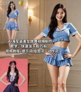 AI海军装美女跳舞视频制作教学，快速涨千粉万粉，视频教程+提示词(绘图词、动作词)-赚钱驿站