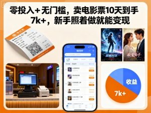 零投入+无门槛,卖电影票10天到手7k+,新手照着做就能变现【揭秘】-赚钱驿站