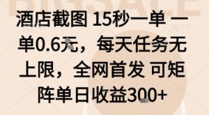 酒店截图15秒一单,一单0.6米,每天任务无上限,全网首发可矩阵单日收益3张【揭秘】-赚钱驿站