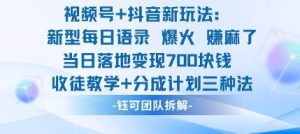 视频号加抖音新玩法:爆火新型每日语录,收徒教学加分成计划,三种变现玩法,当日变现7张-赚钱驿站