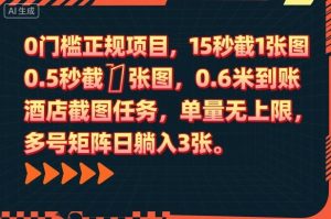 0门槛正规项目,15秒截1张图,0.6米到账,酒店截图任务,单量无上限,多号矩阵日躺入3张【揭秘】-赚钱驿站