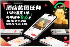 酒店截图任务，15秒速完1单，每单到手0.6米，每日任务无上限，全网首发玩法，矩阵操作单日3张【揭秘】-赚钱驿站