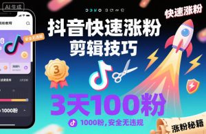 抖音快速涨粉剪辑技巧，3天1000粉，安全无违规-赚钱驿站