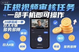 正规视频审核任务，一部手机即可操作，20秒完成一单，日入4张，多劳多得【揭秘】-赚钱驿站