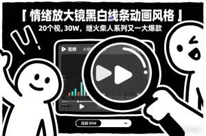 情绪放大镜黑白线条动画风格,20个视频,涨粉30W,继火柴人系列又一大爆款-赚钱驿站