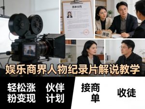 娱乐商界人物纪录片解说教学，轻松涨粉变现，伙伴计划，接商单，收徒等-赚钱驿站