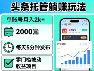 头条托管躺賺玩法，单账号月入2k+，每天5分钟发布即可，零门槛被动收益项目【揭秘】-赚钱驿站