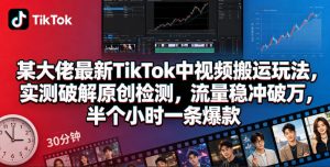 某大佬最新TikTok中视频搬运玩法，实测破解原创检测，流量稳冲破万，半个小时一条爆款-赚钱驿站